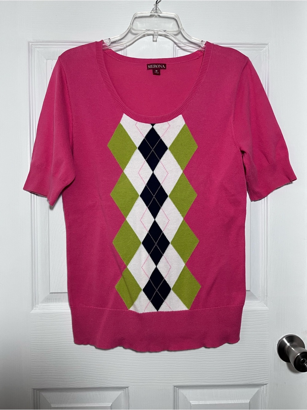 Merona Carnation Pink Short-Sleeve Argyle Knit Top